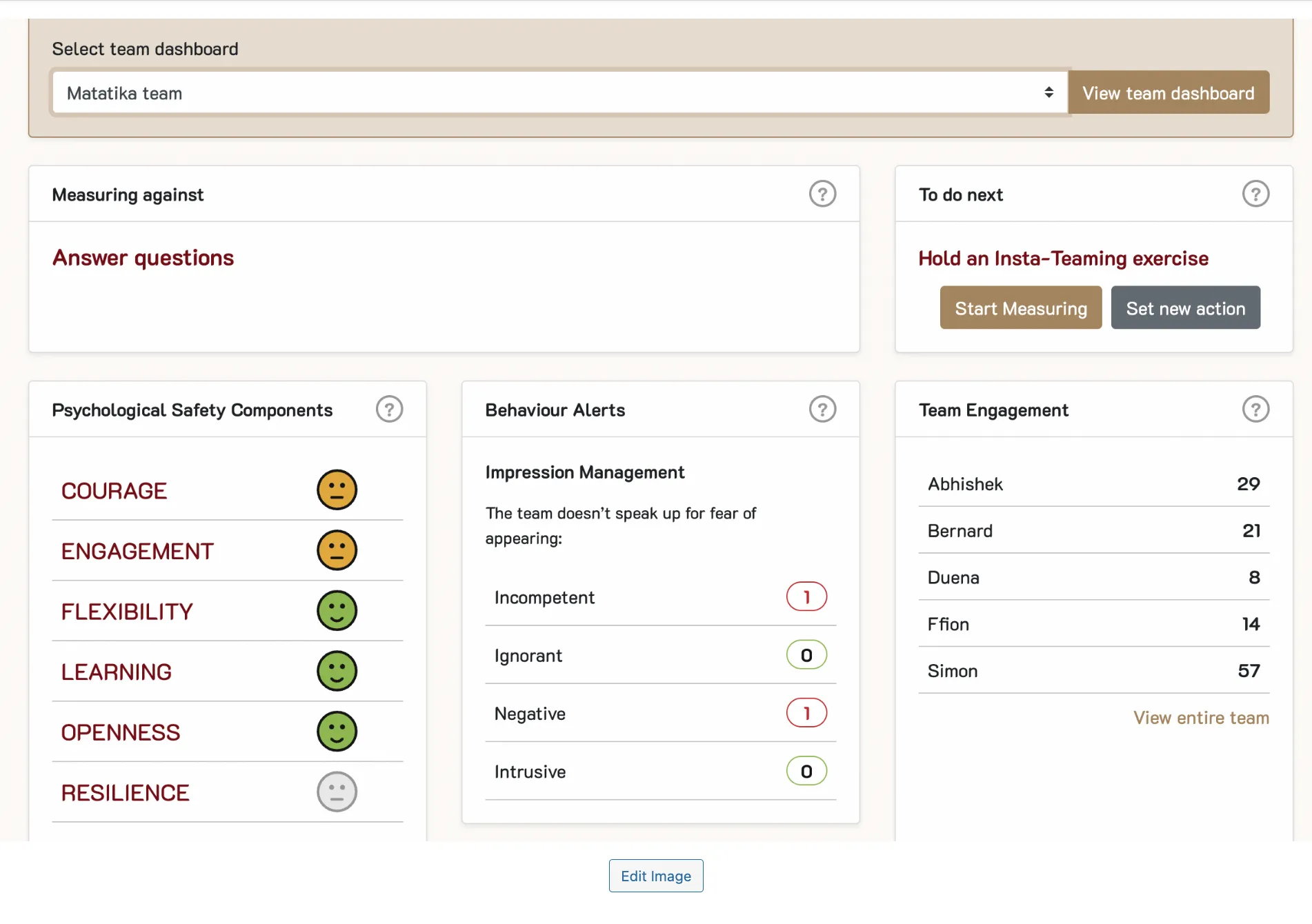 Screenshot of the Human Debt™ solution and psychological safety dashboard